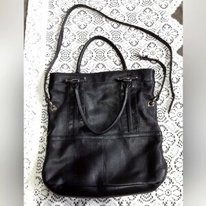 B. Makowsky LRG 3 Compartment Black Leather Crossbody Purse/Cheetah Print Lining